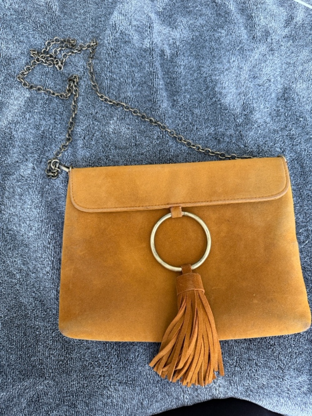 Tan Suede Crossbody Bag with Tassel Ring